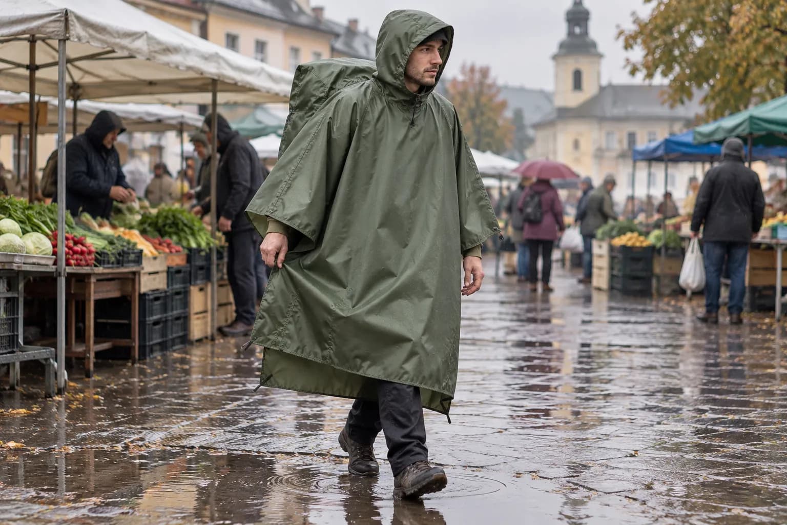 Чоловік у зеленому дощовику-пончо йде мокрою доріжкою ринку.