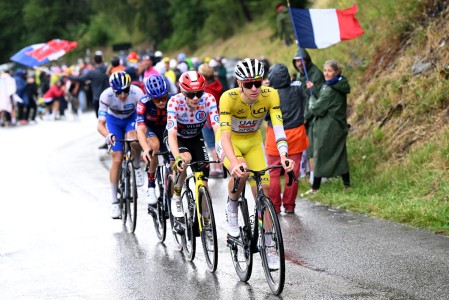 Tadej Pogačar, Jonas Vingegaard, Oscar Onley and Florian Lipowitz at the 2025 Tour de France.