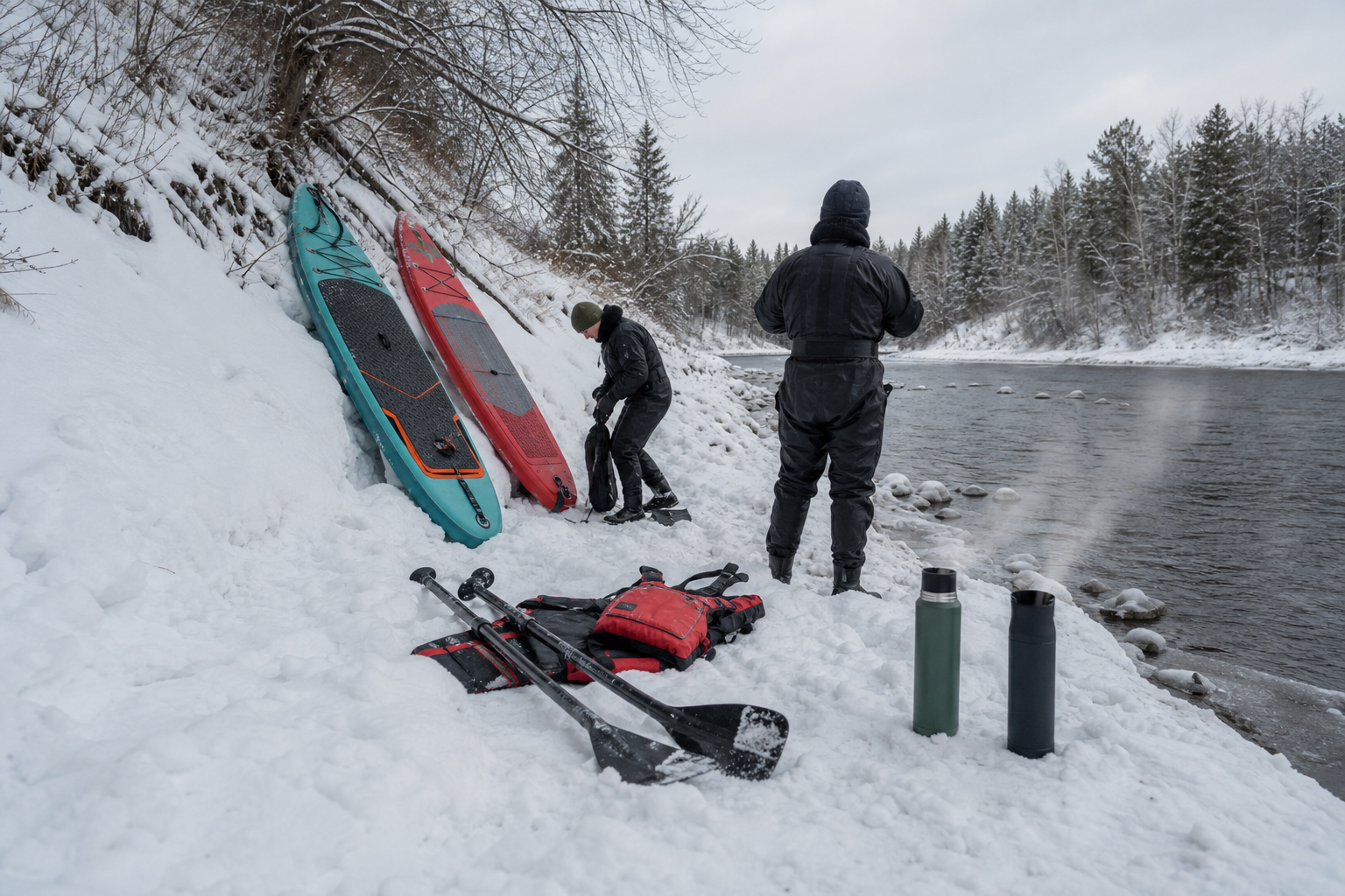 SUP зимою: підготовка до катання на надувних дошках біля засніженого берега