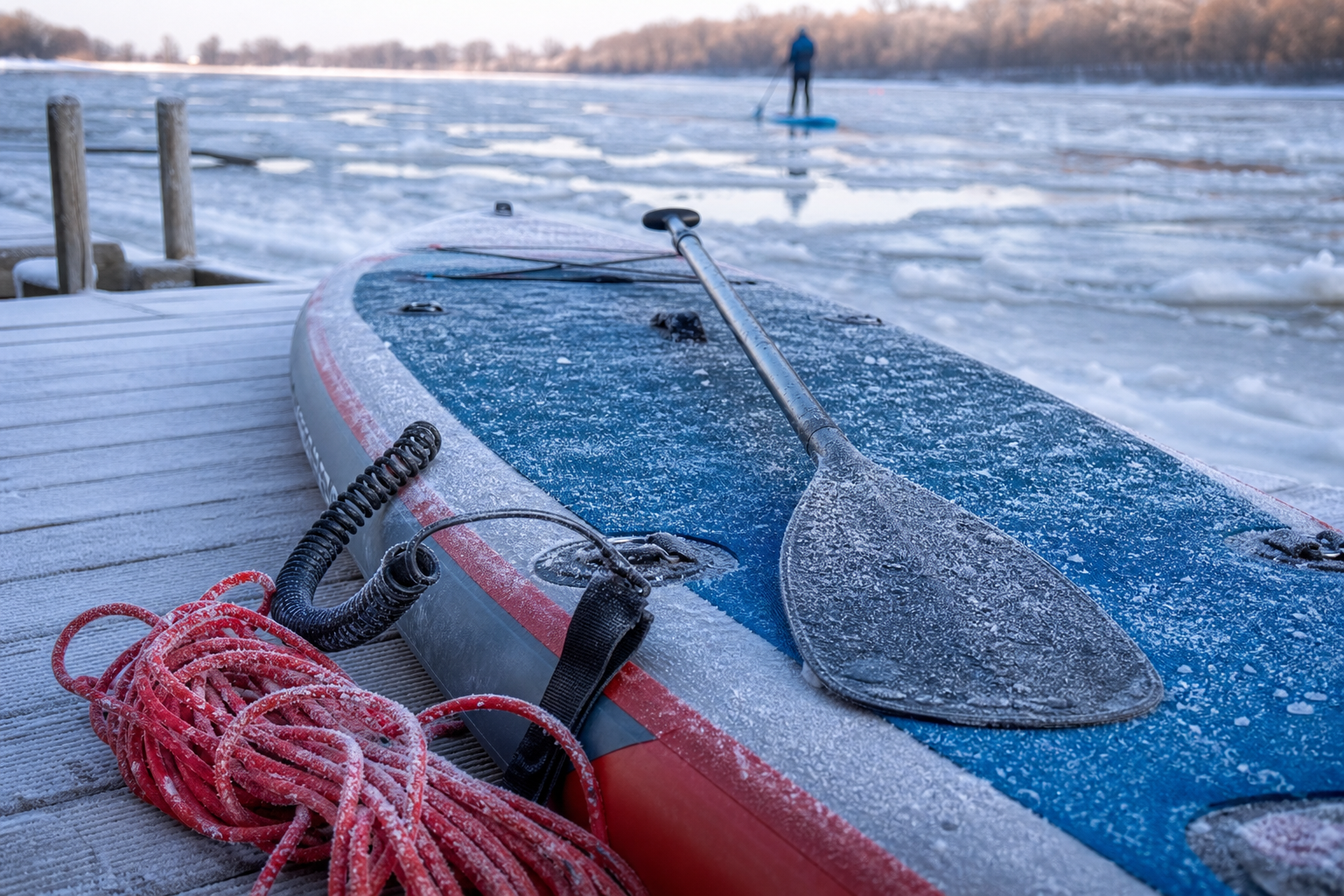лише надувна SUP-дошка в інеї біля кромки льоду — безпека на воді в зимовий період