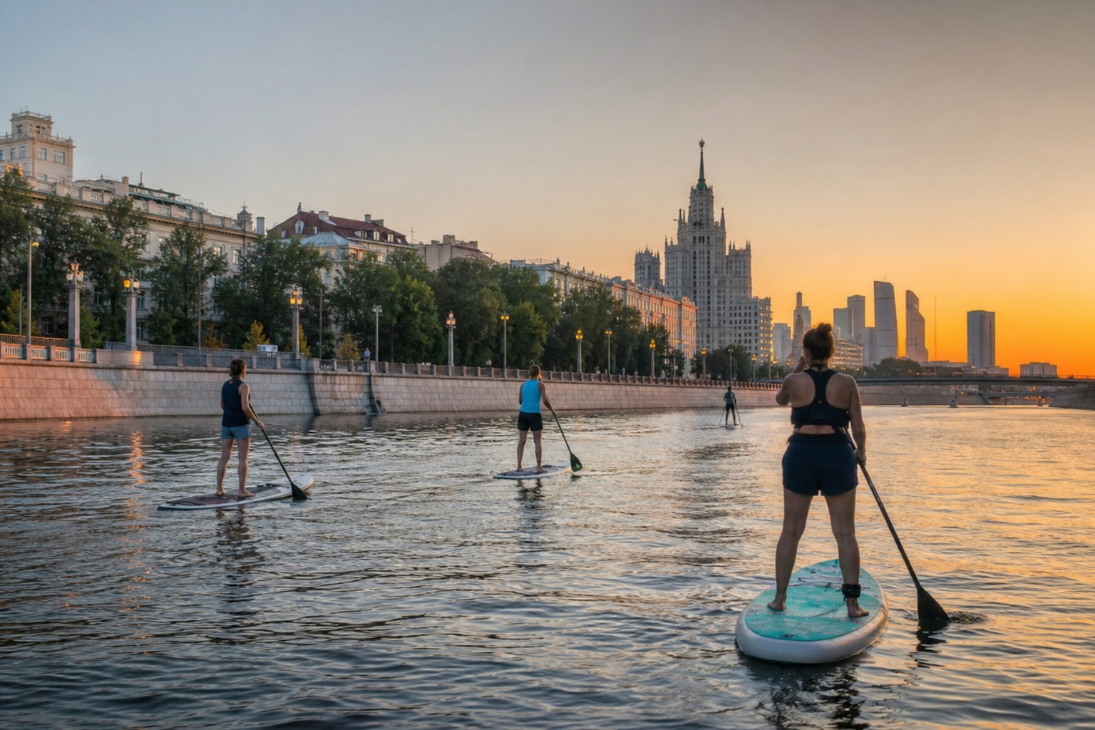 Катання на sup дошці ввечері широкою міською річкою