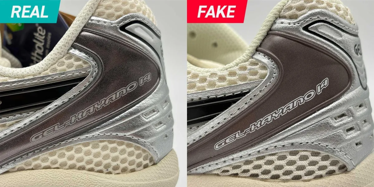 Напис GEL-KAYANO 14 на п’ятці оригінальних і підроблених ASICS