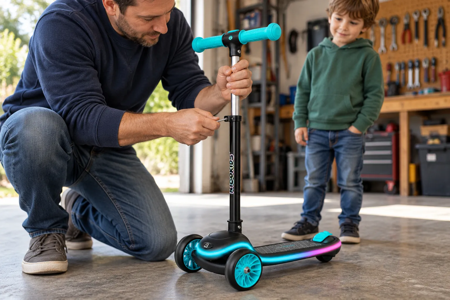 Чоловік регулює висоту керма дитячого самоката, поки хлопчик спостерігає.