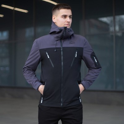 Куртка чоловіча демісезонна з капюшоном чорно-сіра Pobedov Korol' Lev