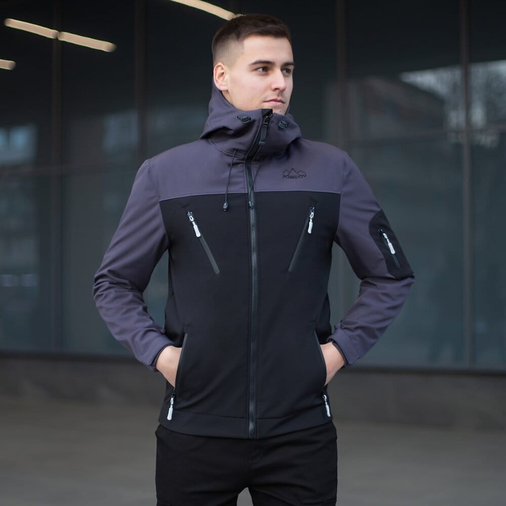 Куртка чоловіча демісезонна з капюшоном чорно-сіра Pobedov Korol' Lev, укр, укр