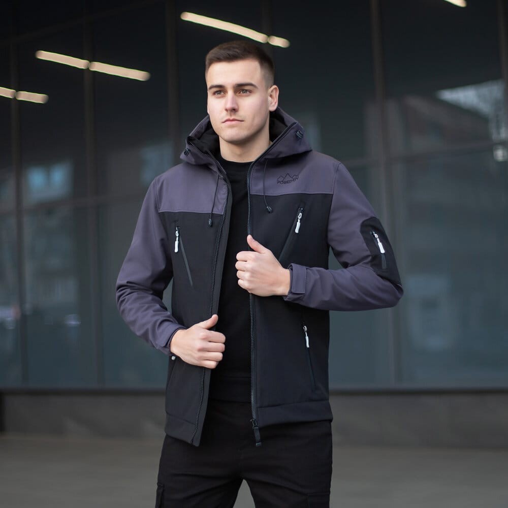 Куртка чоловіча демісезонна з капюшоном чорно-сіра Pobedov Korol' Lev