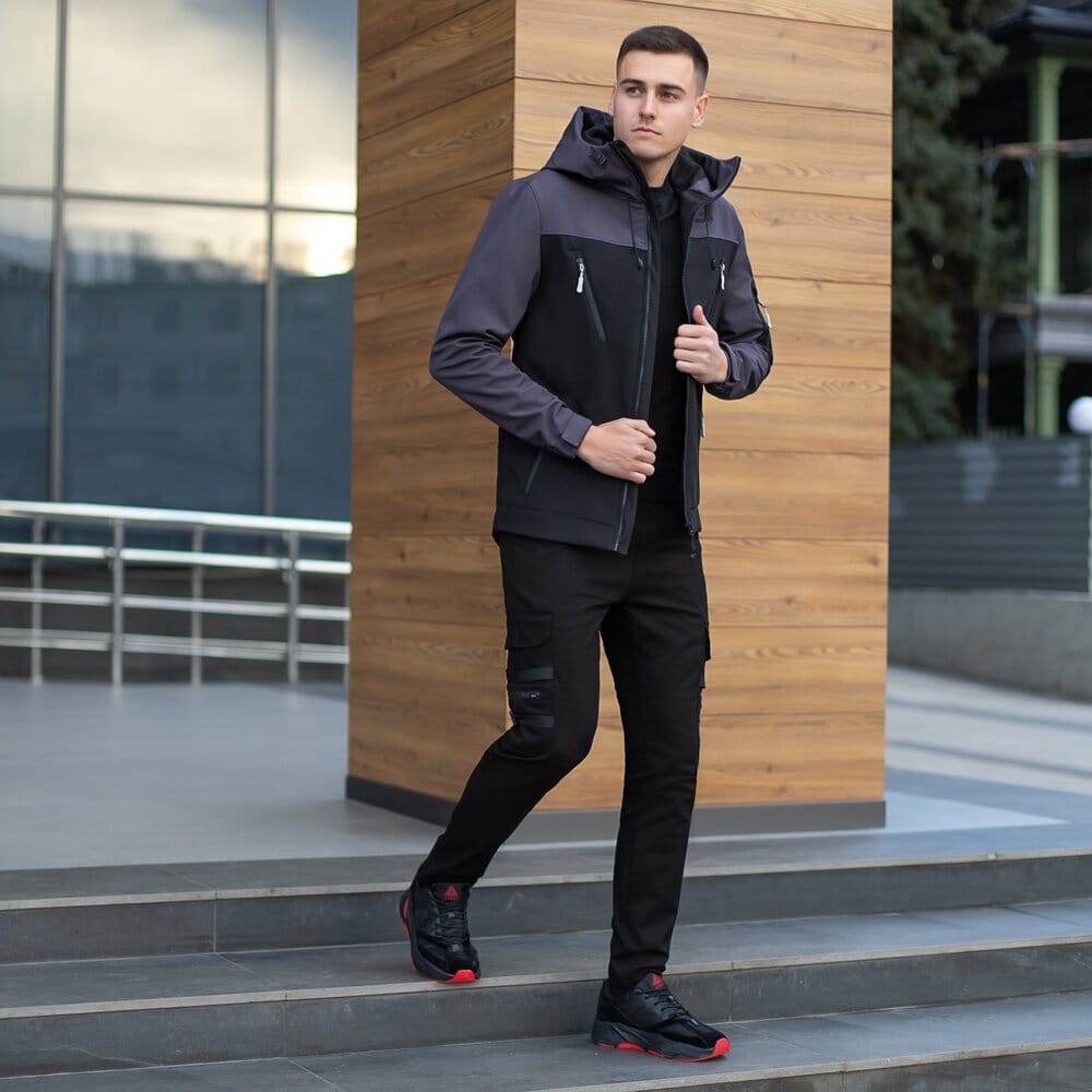 Куртка чоловіча демісезонна з капюшоном чорно-сіра Pobedov Korol' Lev, укр, укр