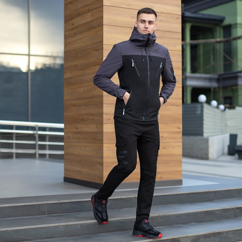 Куртка чоловіча демісезонна з капюшоном чорно-сіра Pobedov Korol' Lev, укр, укр