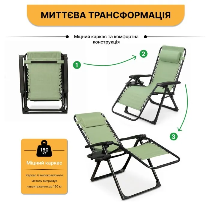 Раскладное кресло шезлонг LEOBRO Zero Gravity Premium Pistachio (LB-ZGC-G2-PST)