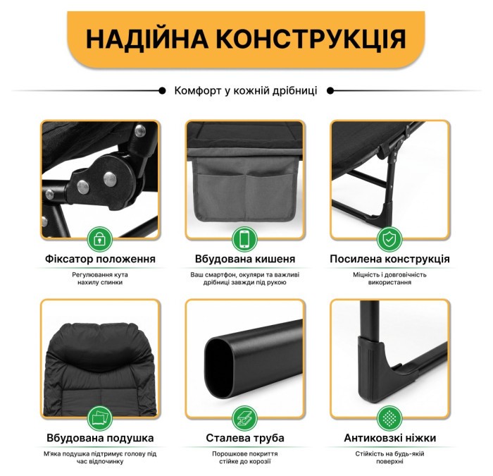 Розкладне ліжко (розкладачка) з вбудованим матрацом LEOBRO Black (LB-FB-M1-BLK)