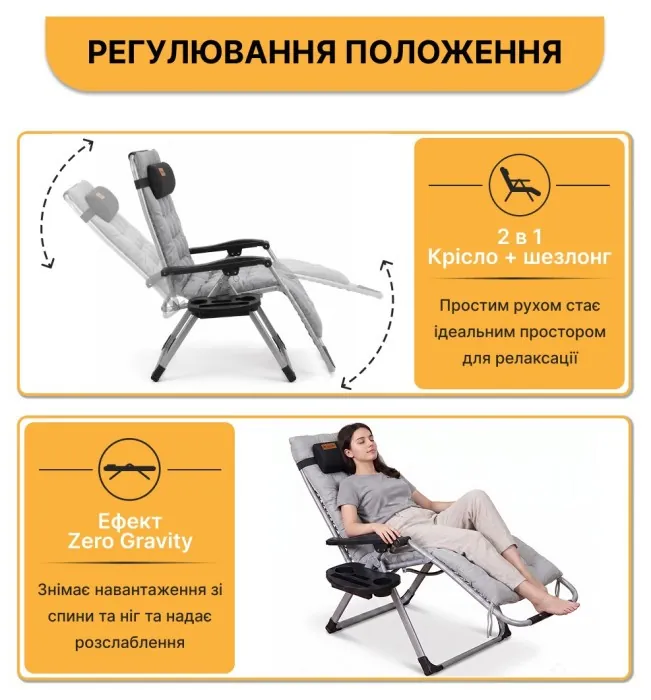 Розкладне крісло шезлонг LEOBRO Zero Gravity Premium Plus Сірий (LB-ZGC-E1-GRY)