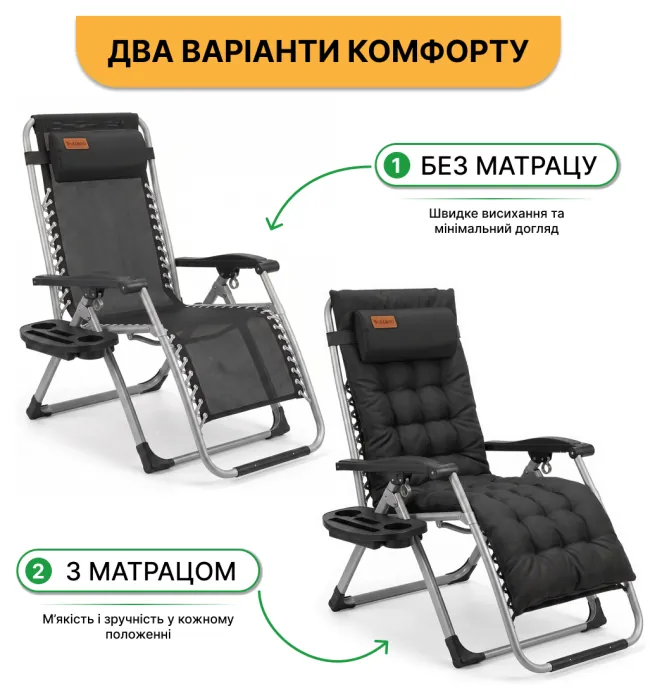 Раскладное кресло шезлонг LEOBRO Zero Gravity Premium Plus Черное (LB-ZGC-E1-BLK)