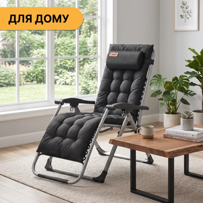 Раскладное кресло шезлонг LEOBRO Zero Gravity Premium Plus Черное (LB-ZGC-E1-BLK)