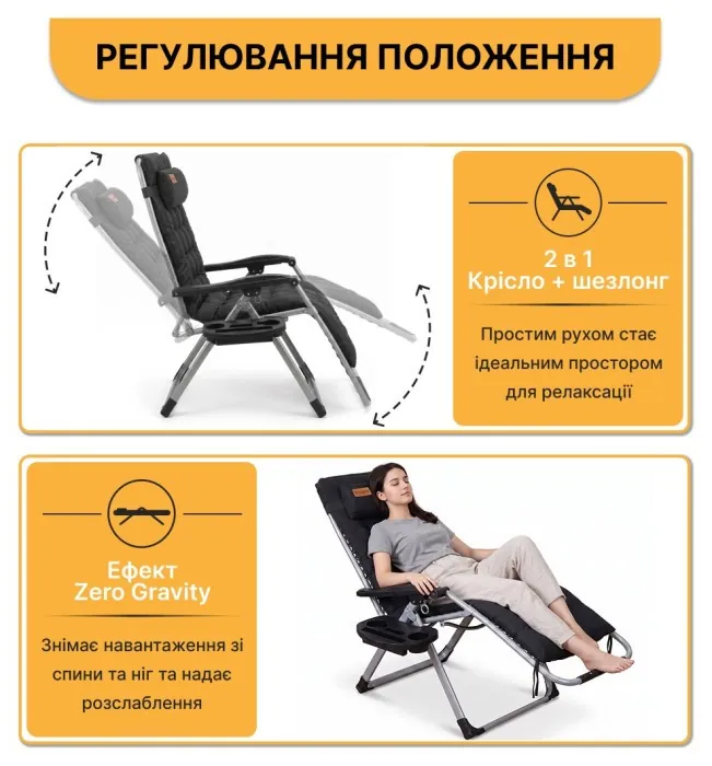 Раскладное кресло шезлонг LEOBRO Zero Gravity Premium Plus Черное (LB-ZGC-E1-BLK)