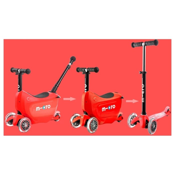 Самокат MICRO серии Mini2go Deluxe Plus - КРАСНЫЙ (до 50 kg, до 20 kg с сиденьем, 3-х кол.)