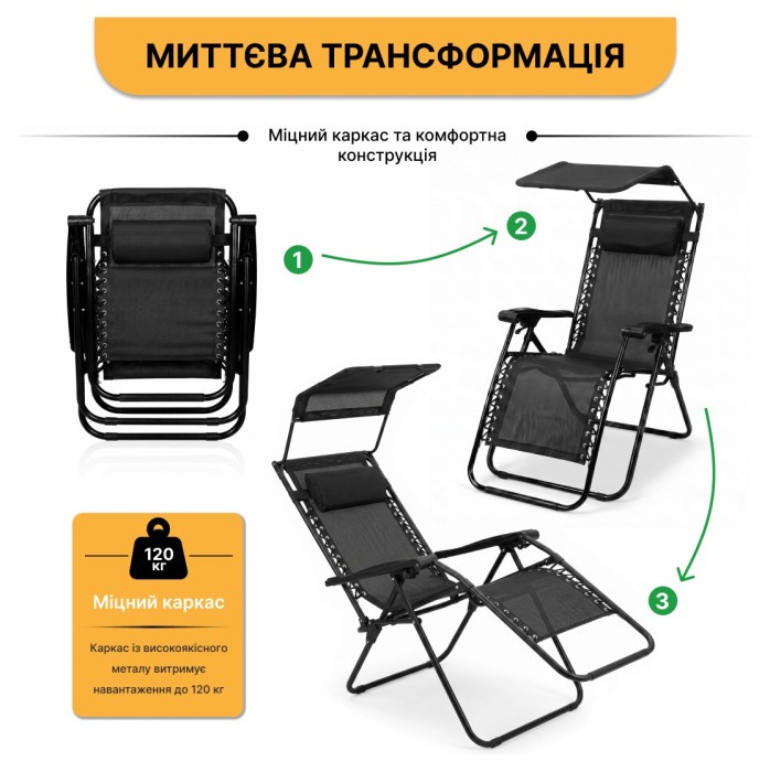 Розкладне крісло шезлонг з козирком LEOBRO Zero Gravity Black (LB-ZGC-H1-BLK)