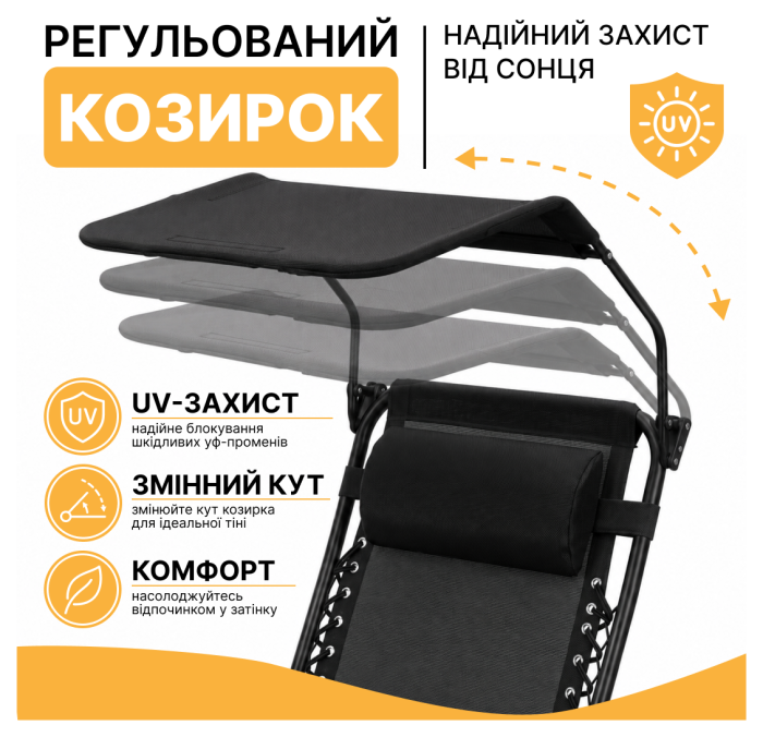 Розкладне крісло шезлонг з козирком LEOBRO Zero Gravity Black (LB-ZGC-H1-BLK)