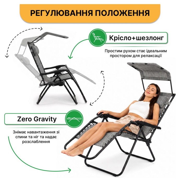 Розкладне крісло шезлонг із козирком LEOBRO Zero Gravity Dark Grey (LB-ZGC-H1-DGR)