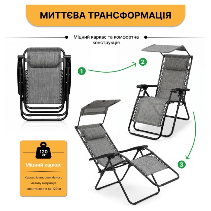 Розкладне крісло шезлонг із козирком LEOBRO Zero Gravity Dark Grey (LB-ZGC-H1-DGR)