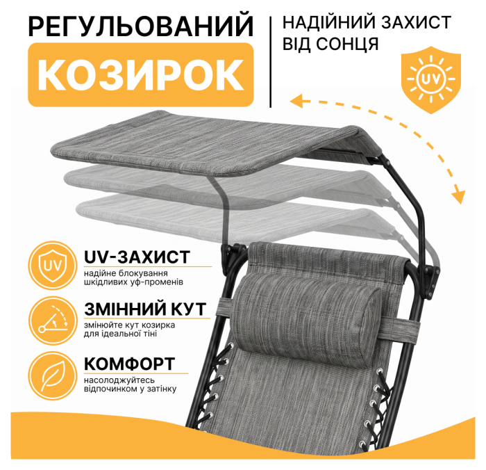 Розкладне крісло шезлонг із козирком LEOBRO Zero Gravity Dark Grey (LB-ZGC-H1-DGR)