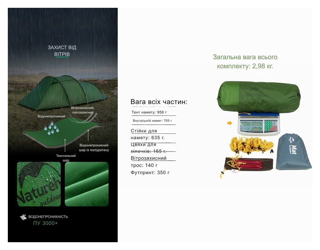 Палатка трехместная Naturehike Opalus, UL, NH17L001-L, светло-зеленая