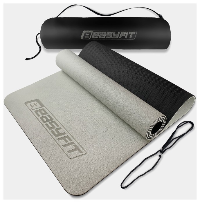 Коврик для йоги и фитнеса EasyFit TPE+TC 6мм двухслойный + Чехол серый с черным