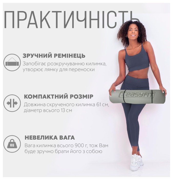 Килимок для йоги та фітнеса EasyFit TPE+TC 6мм двошаровий + Чохол сірий з чорним