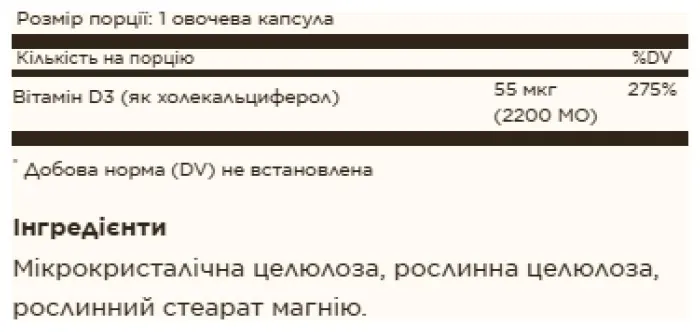 Vitamin D3 (Cholecalciferol) 55 mcg (2200 IU) - 50 vcaps