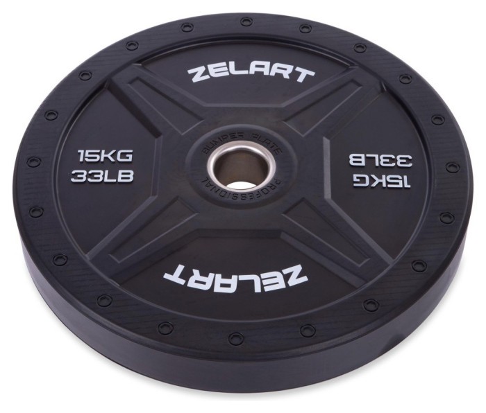 Бамперные диски резиновые Bumper Plates внутренний ø50,4мм Zelart TA-2258-15 15кг (наружный ø-45см, черный)