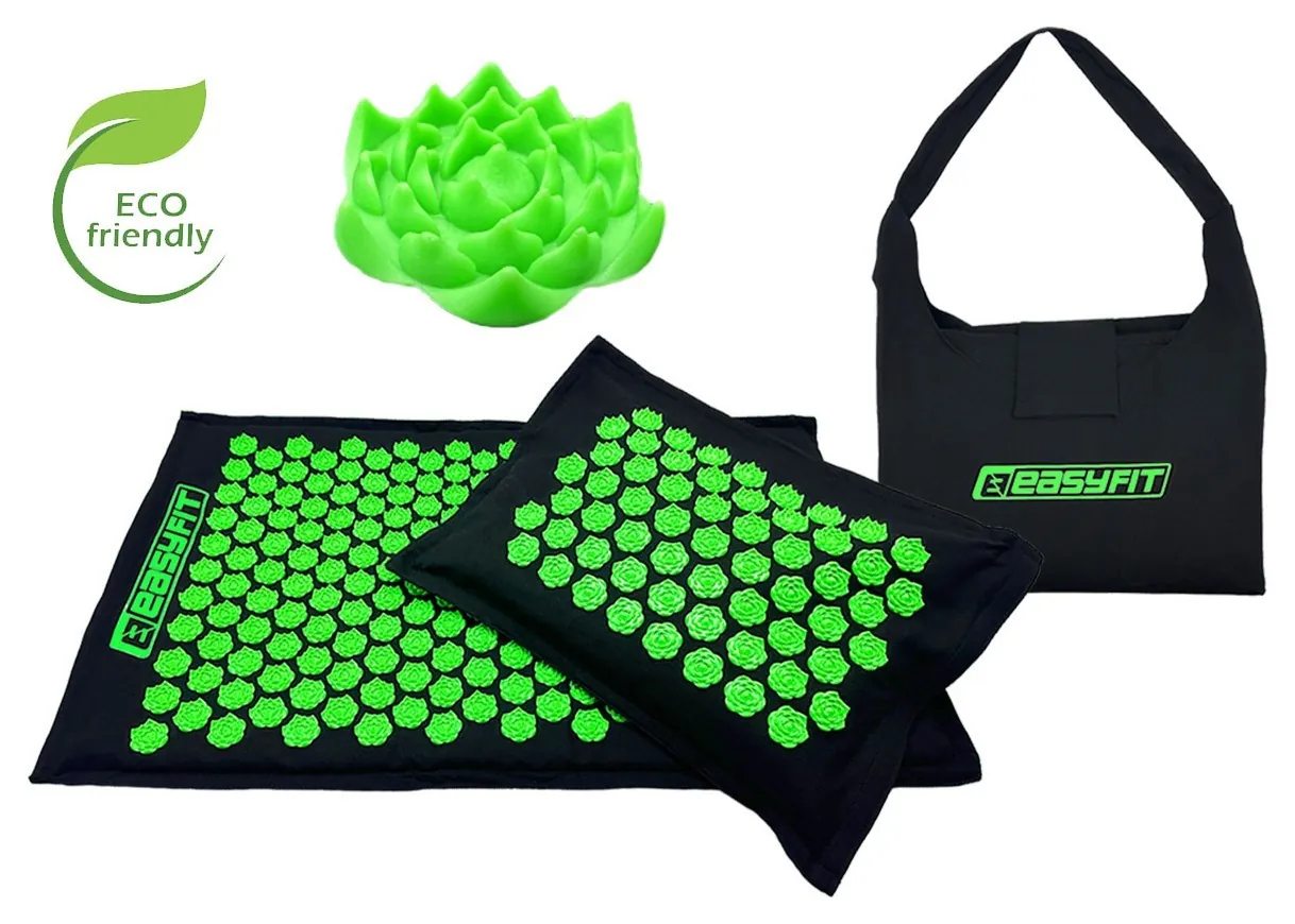 Масажний килимок EasyFit AcuRelax з голками (аплікатор Кузнєцова) чорно-зелений (Чорний)