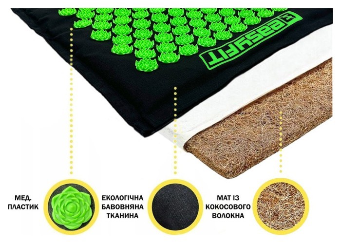 Масажний килимок EasyFit AcuRelax з голками (аплікатор Кузнєцова) чорно-зелений