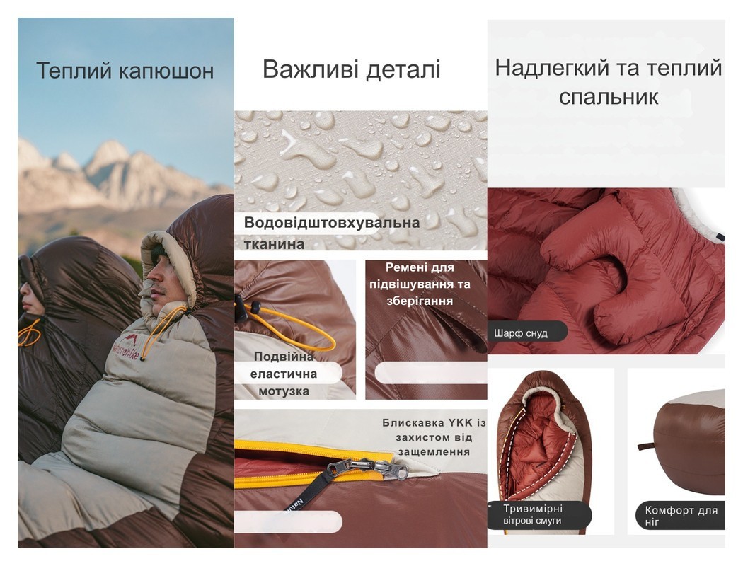Спальник з натуральним пухом Naturehike Snowbird CNK2550WS014, p-р M, коричневий 400 г, укр, укр