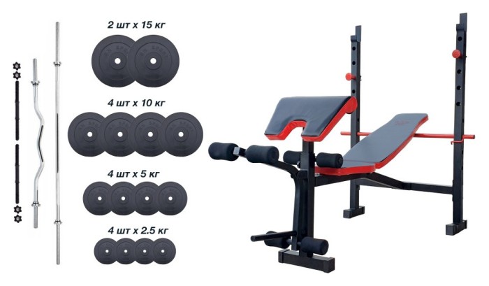 Скидка! Скамейка для жима ReadMeBlack + 4 грифа, 100 кг дисков RN-Sport