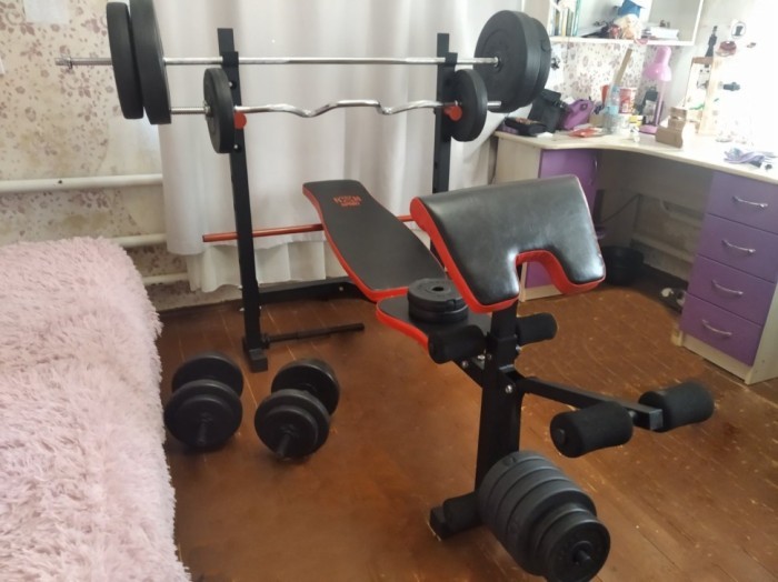 Скидка! Скамейка для жима ReadMeBlack + 4 грифа, 100 кг дисков RN-Sport