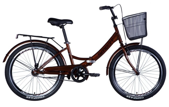 Велосипед ST 24" Formula SMART тормозная рама- " с багажником задн St с корзиной Pl с крылом St 2024 (коричневый)