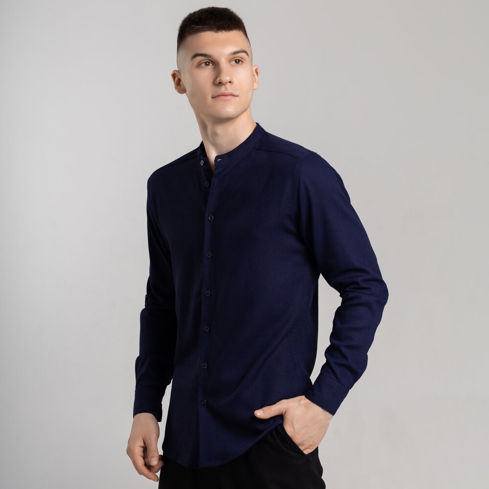 Мужская весенняя рубашка с длинным рукавом темно-синяя Pobedov Orion
