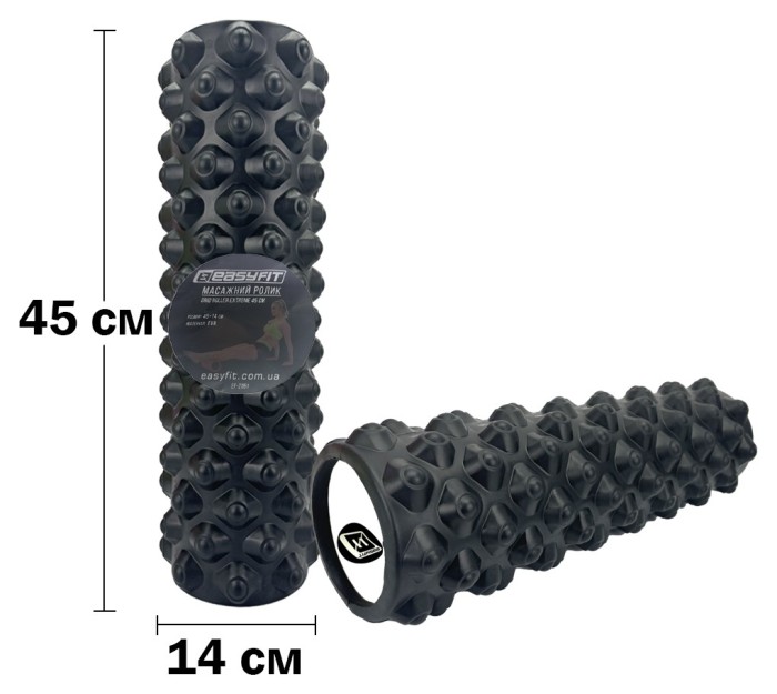 Масажний ролик EasyFit Grid Roller Extreme 45 см Чорний, укр, укр