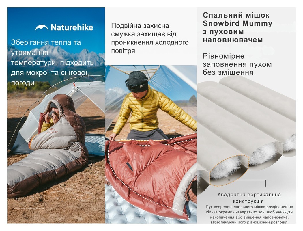 Спальник з натуральним пухом Naturehike Snowbird CNK2550WS014, p-р L, темно-коричневий 400 г, укр, укр