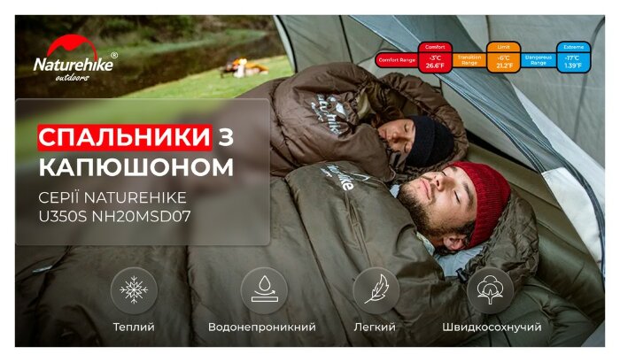 Спальник з капюшоном Naturehike U350S NH20MSD07, (-3°C), лівий, темно-зелений, укр, укр