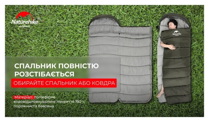 Спальник з капюшоном Naturehike U350S NH20MSD07, (-3°C), лівий, темно-зелений, укр, укр