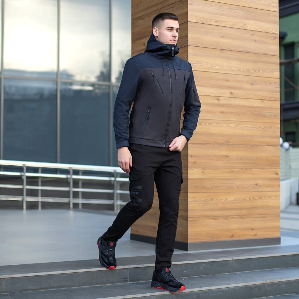 Куртка чоловіча демісезонна з капюшоном чорно-синя Pobedov Korol' Lev, укр, укр