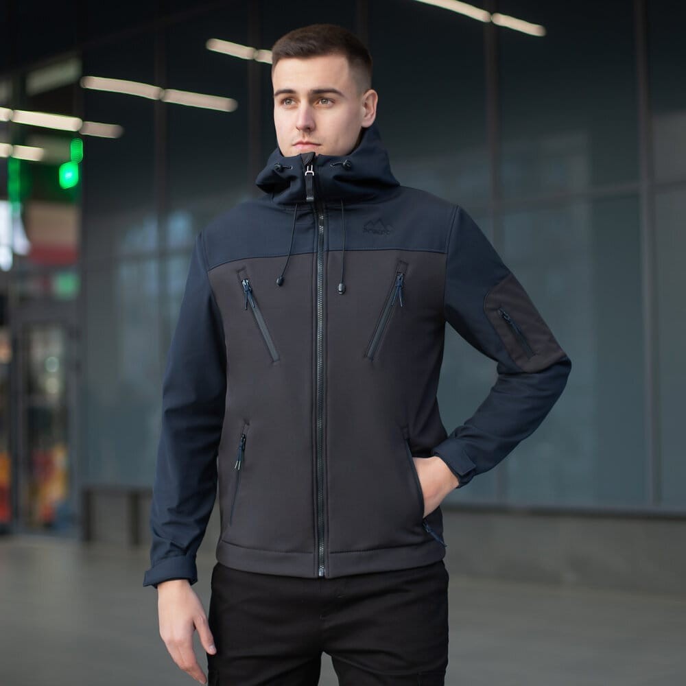 Куртка чоловіча демісезонна з капюшоном чорно-синя Pobedov Korol' Lev, укр, укр