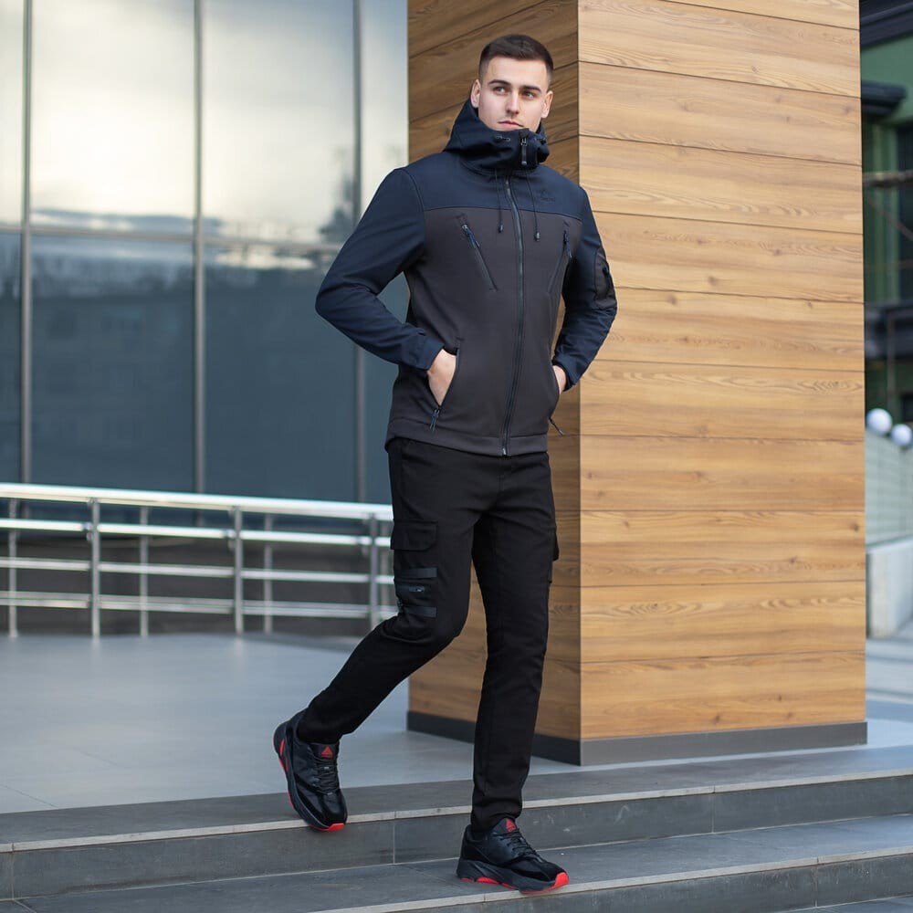 Куртка чоловіча демісезонна з капюшоном чорно-синя Pobedov Korol' Lev, укр, укр