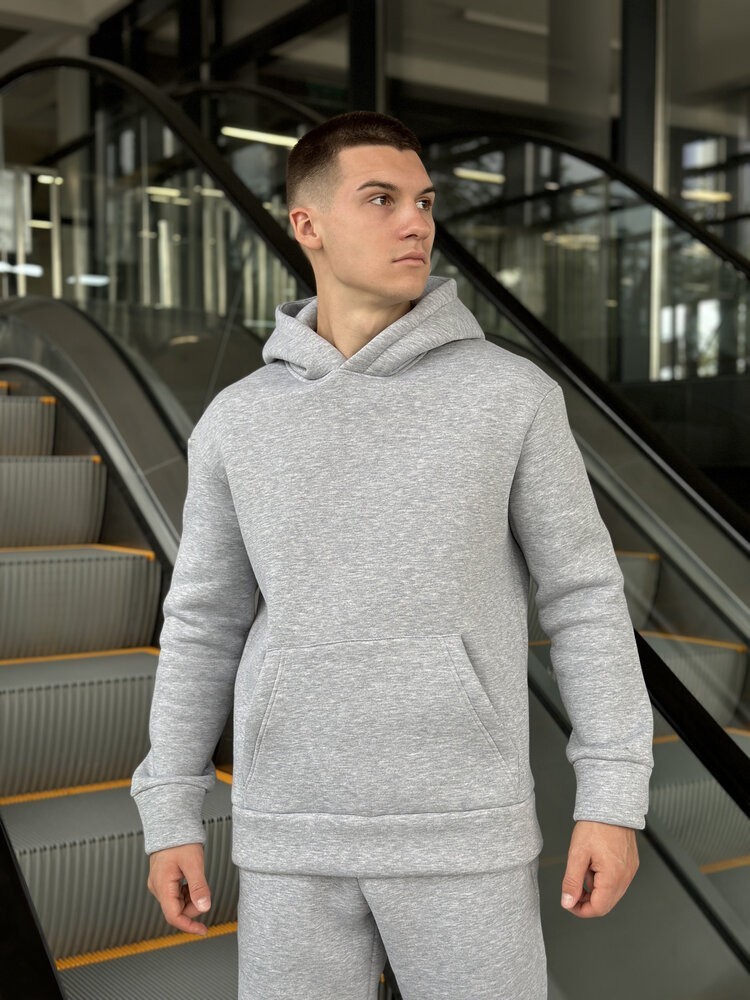 Теплое мужское худое на флисе с капюшоном серое меланжевое Pobedov 008 ЗИМА
