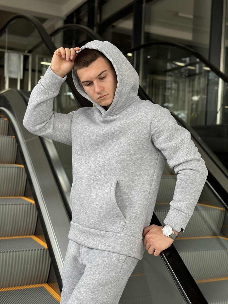 Тепле чоловіче худі на флісі з капюшоном сіре меланжеве Pobedov 008 ЗИМА
