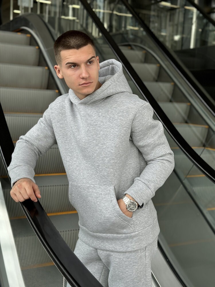 Тепле чоловіче худі на флісі з капюшоном сіре меланжеве Pobedov 008 ЗИМА