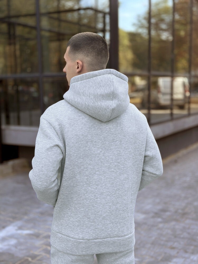 Теплое мужское худое на флисе с капюшоном серое меланжевое Pobedov 008 ЗИМА