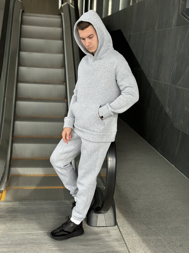 Теплое мужское худое на флисе с капюшоном серое меланжевое Pobedov 008 ЗИМА