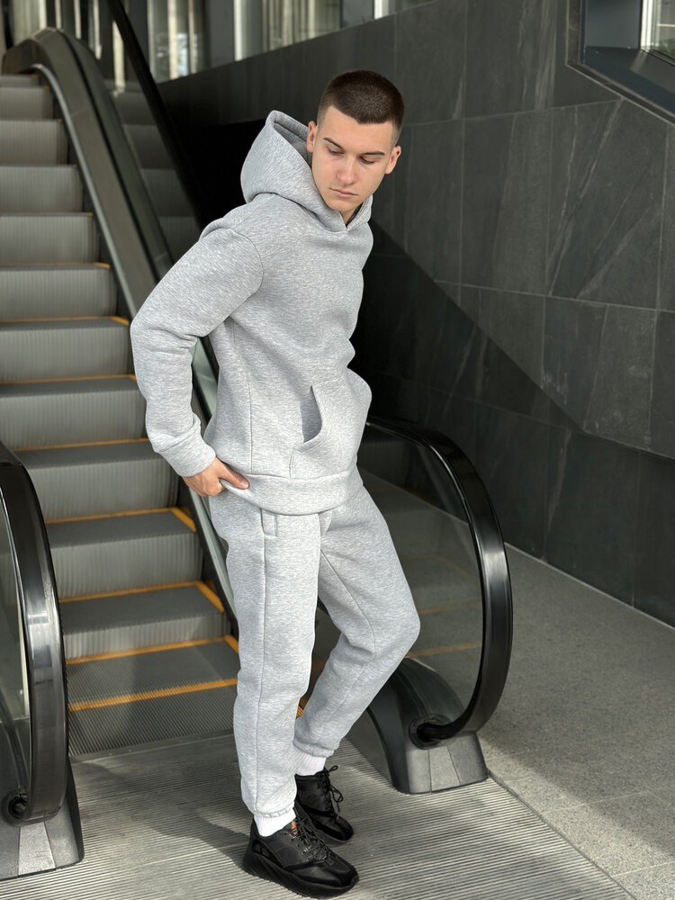Теплое мужское худое на флисе с капюшоном серое меланжевое Pobedov 008 ЗИМА