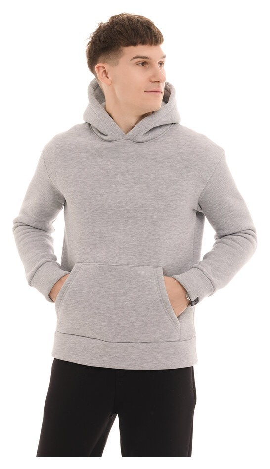 Теплое мужское худое на флисе с капюшоном серое меланжевое Pobedov 008 ЗИМА